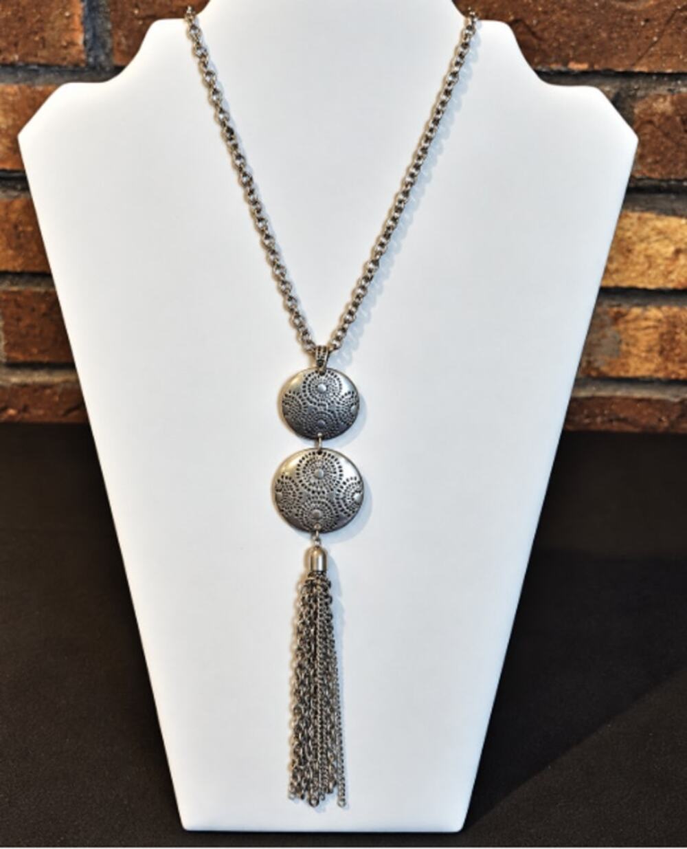 Ruby Rd Silver Tone Chain Necklace with 2 Textured Discs & Dangling Tassels